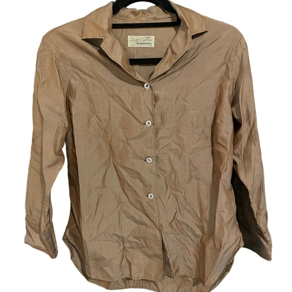 Vintage 80s Country Clothes Brown Button Down Long Sleeve Silk Blouse Women’s S
